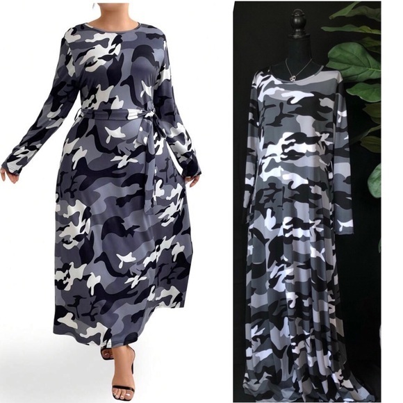 Women’s Multicolored Maxi Dress Floor Length Belt Long-Sleeve Black White Grey - Picture 1 of 10